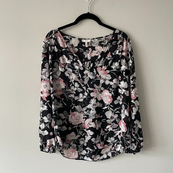 Joie Caviar Odette Silk Floral Print V-Neck Long Sleeve Blouse Black XS - Picture 2 of 7